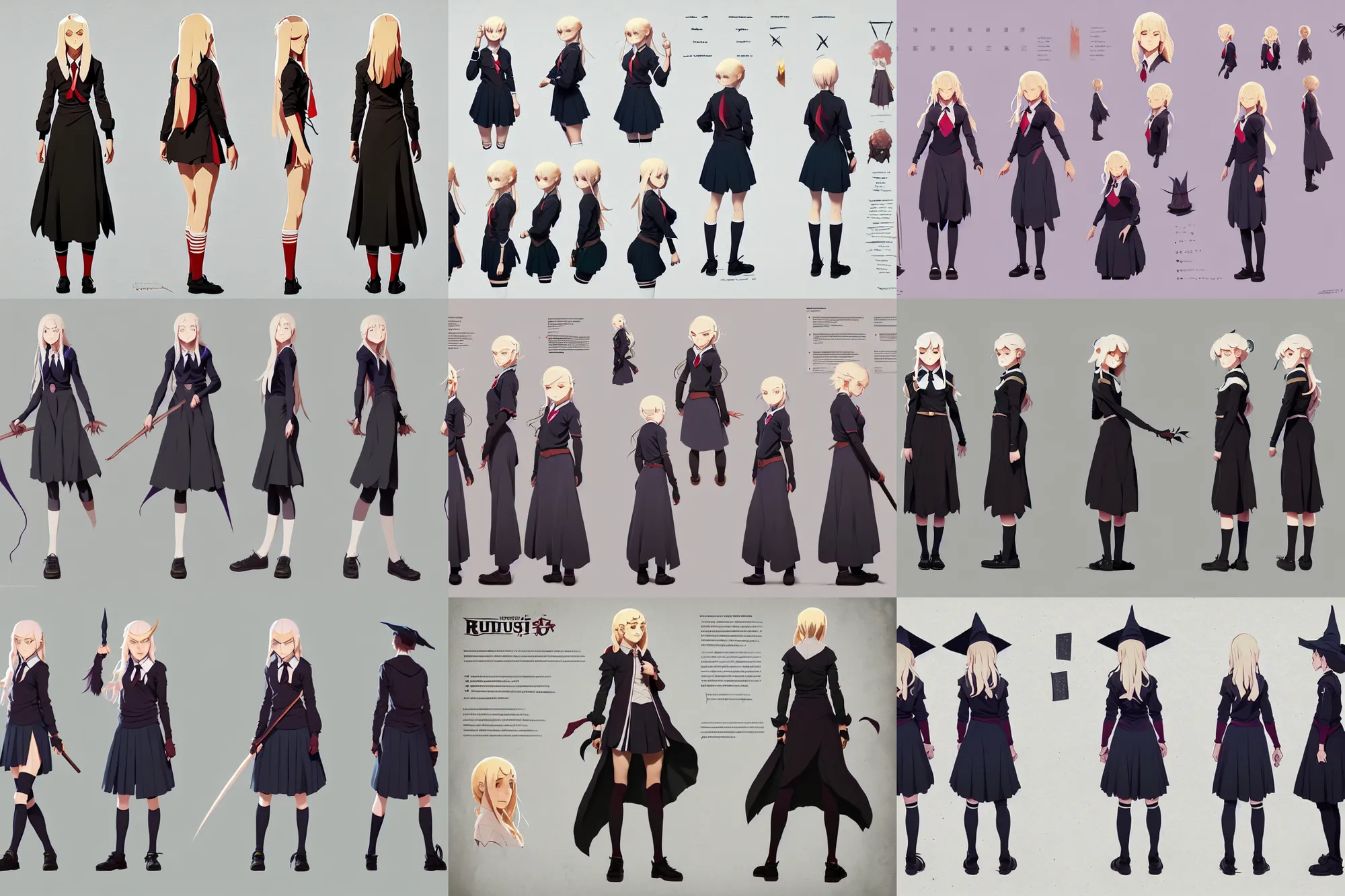 Image similar to character sheet of attractive female student witch, magic school uniform, blonde hair, by greg rutkowski and studio ghibli, digital art, trending on artstation, highly detailed, concept art, beautiful, masterpiece