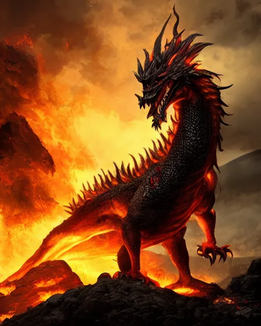 Prompt: giant fire dragon standing on a volcano, highly detailed, 4 k, hdr, award - winning, directed by zack snyder, trending on art station, matte, donato,