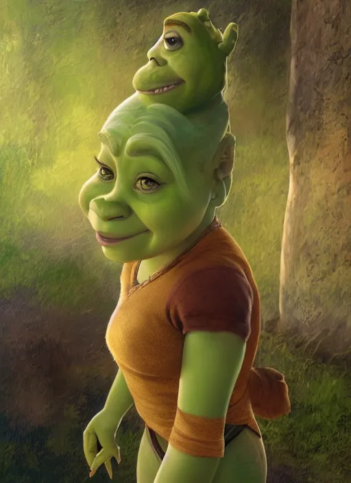 Prompt: portrait of emma stone as shrek, disney style, naturel, hyper detailed, digital art, trending in artstation, cinematic lighting, studio quality, smooth render, unreal engine 5 rendered, octane rendered, art style by klimt and nixeu and ian sprigger and wlop and krenz cushart.