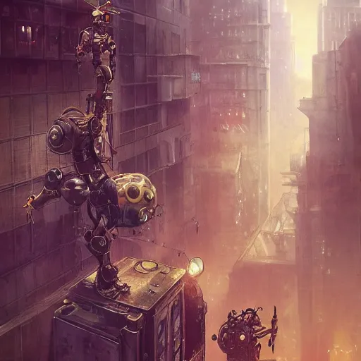 Prompt: two steampunk robots standing on a building, apocalyptic, apocalyptic city, gloomy, 8 k, octane render, ultra detailed, art by artgerm and greg rutkowski and alphonse mucha, artstation
