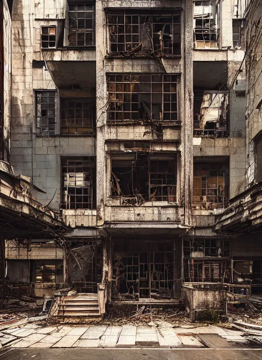 Image similar to “derelict architecture single building , clear window building , architecture digest, building surrounded in a luxury environment, bright tones, fluorescent lighting,volumetric Lighting, photorealism, high detail, golden ratio, cinematic, octane renderer”