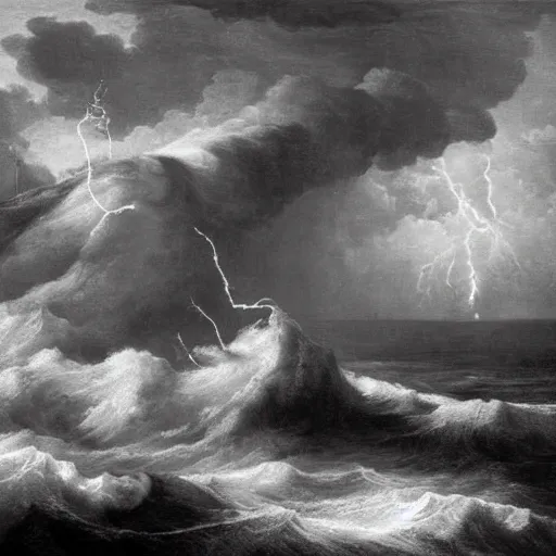 Image similar to 17th century man of war in a storm, turbulent waves, lightning in the background, black tint, Carl Friedrich