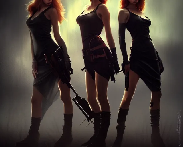 Prompt: charlie's angels with beautiful faces, in short dresses, weapons, full body, dark and mysterious, atmospheric, ominous, eerie, cinematic light, epic, 8 k 3 d, ultra detail, ultra realistic, by wlop, by mucha, by giger