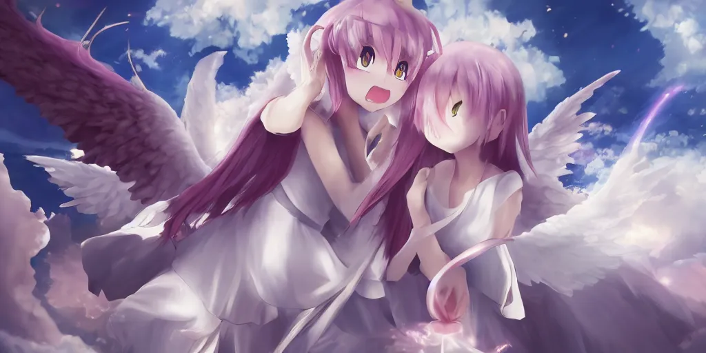 Image similar to a battle between an angel!!!!!!! anime girl and a demon made out of crystal!!!!!!!!, wide angle, cinematic lighting, highly detailed, official media, Sakimichan