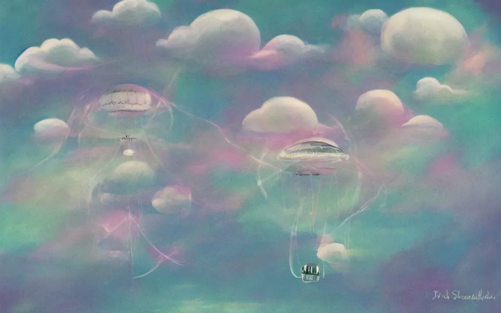 Prompt: streampunk dirigible floating between swirling clouds. pastel colors. haze.