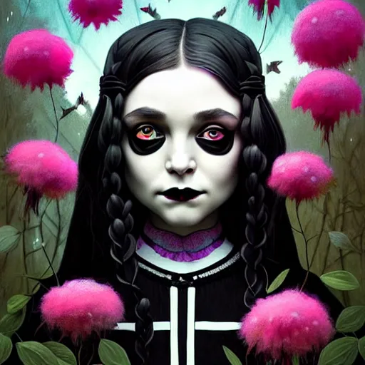 Image similar to a beautiful portrait painting of a ( gothic ) wednesday addams covered with flowers by simon stalenhag and pascal blanche and alphonse mucha!! and nekro!! and josan gonzalez in style of digital art. smooth illustration, film noirs, brush stroke, trichromatic colors, hyper detailed. octane render. trending on artstation