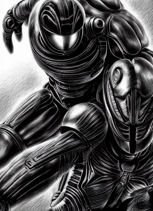 Prompt: dark samus, kentaro miura, hyperrealism, intricate detailed