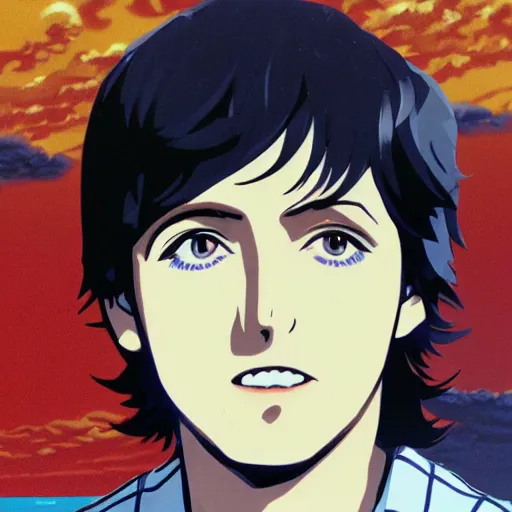 Image similar to anime illustration of young Paul McCartney from the Beatles, wearing a blue and white check shirt, on a yacht at sea, smiling at camera, white clouds, ufotable