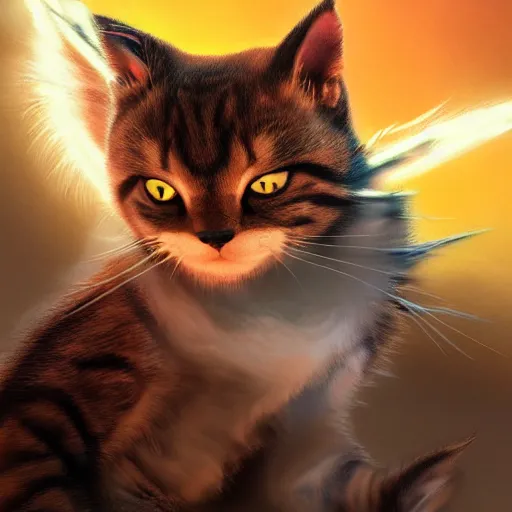 Prompt: cat - goku hybrid, genkidama, golden hour, fantasy, sharp focus, digital art, hyper realistic, 4 k, unreal engine, highly detailed, hd, dramatic lighting by brom, trending on artstation, new cats movie