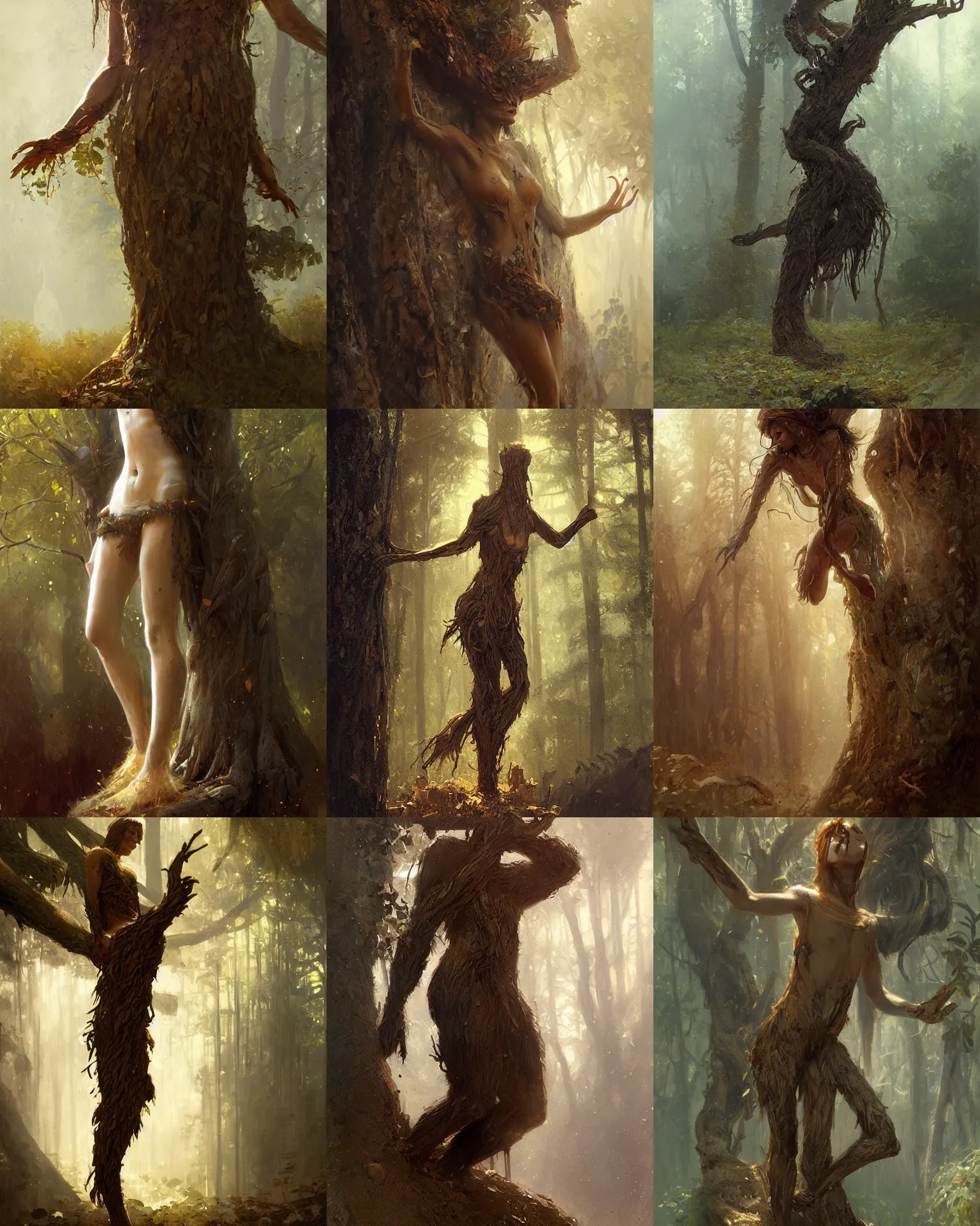 Prompt: person made of tree, bark for skin, leaf hair, fantasy character portrait, full body, greg rutkowski, gaston bussiere