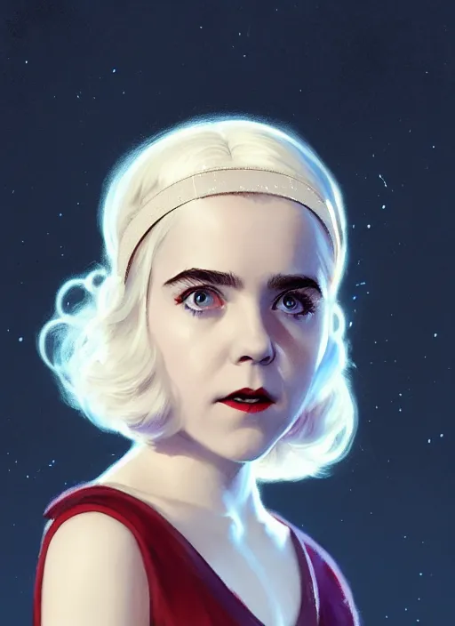 Image similar to portrait of kiernan shipka as sabrina spellman, white hair, 1 9 6 0 s bob hairstyle, hairband, intricate, elegant, glowing lights, highly detailed, digital painting, artstation, concept art, smooth, sharp focus, illustration, art by wlop, mars ravelo and greg rutkowski