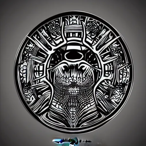 Image similar to a circular vector tattoo design in a spiky tribal style, and in the style of h. r. giger.