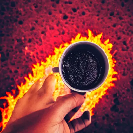 Image similar to You holding lava in cup, POV, hyperrealistic, detalied, high quality, photorealistic, photography, HD,