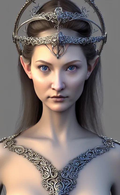 Prompt: complex 3 d render, ultra detailed, realistic headshot portrait of a beautiful porcelain skin woman, face, wispy, wavy hair worn tied back in a messy bun, wearing filigree silver elven circlet, floral filigree breastplate armor, detailed open eyes, round catchlights, pretty flowers in hair, mauve lips, 5 0 mm lens, beautiful,