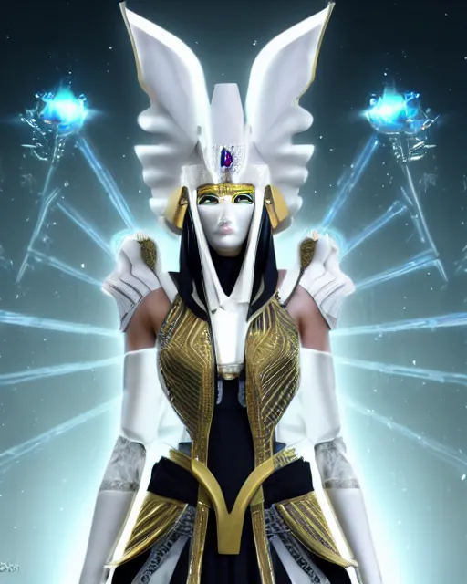 Image similar to perfect white haired attractive egyptian goddess, warframe armor, pharaoh headdress, beautiful, symmetric, dreamy, half asian, pretty face, green eyes, charlize theron, detailed, scifi platform, laboratory, experiment, 4 k, ultra realistic, epic lighting, android body, illuminated, cinematic, masterpiece, art by akihito tsukushi, voidstar