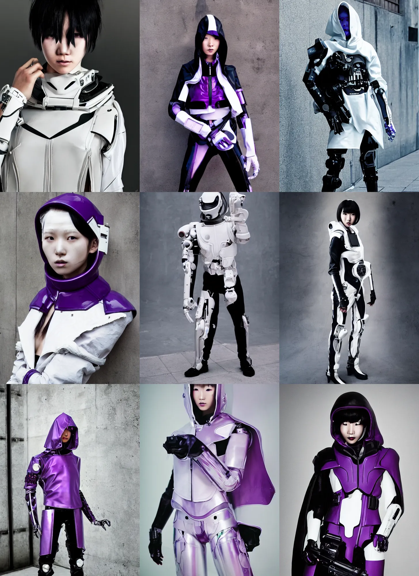 Prompt: cyborg ulzzang with white sci - fi tactical gear, black leather garment, purple transparent sci - fi hood, full shot fashion photography, on street, by irving penn and storm thorgerson, ren heng, peter elson