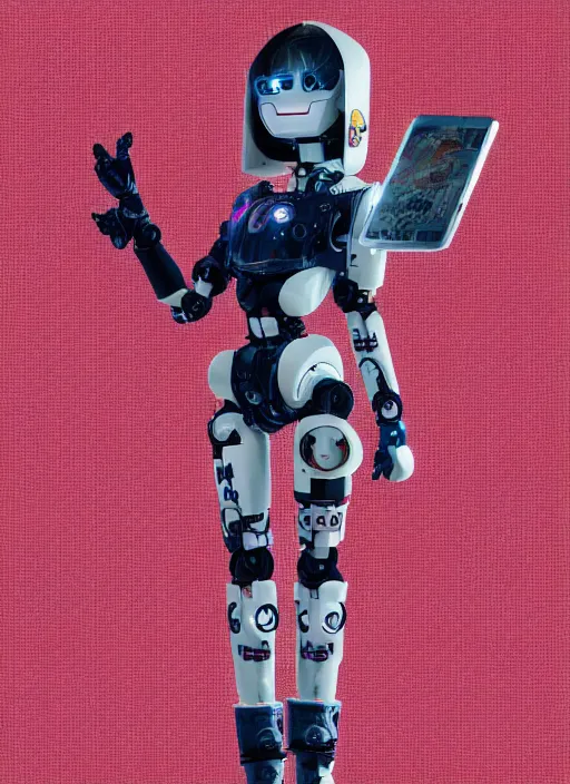 Image similar to full body photo of a belle delphine robot with kanji tattoos and decals wearing a digital pixelated kimono, intricate design, photo - realistic, octane render, ultra fine detailed, character design, trending on artstation