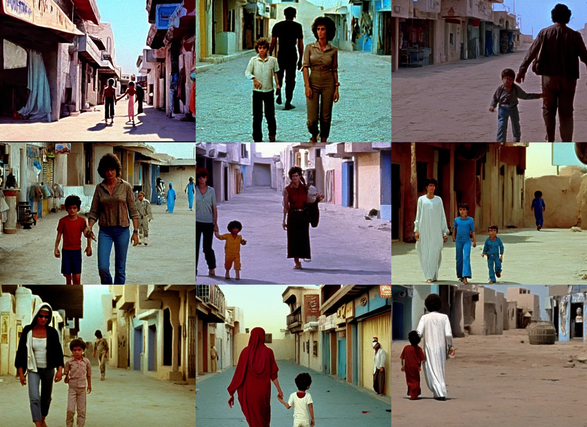 Prompt: color film still of a boy and a mother walking in the arabian town, alien ( 1 9 8 4 ).