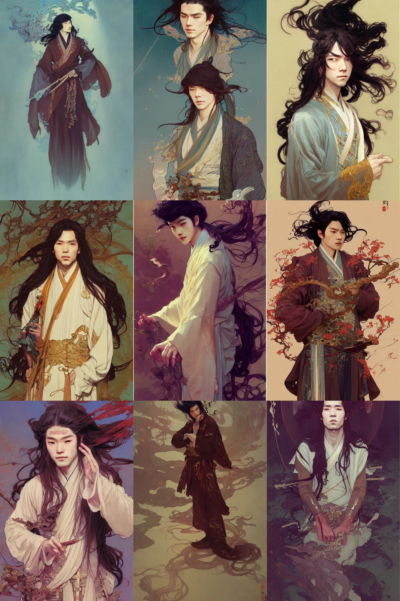 Prompt: young male, long hair, hanfu, fantasy, smooth, art by joseph leyendecker, peter mohrbacher, ruan jia, marc simonetti, ayami kojima, cedric peyravernay, alphonse mucha, victo ngai