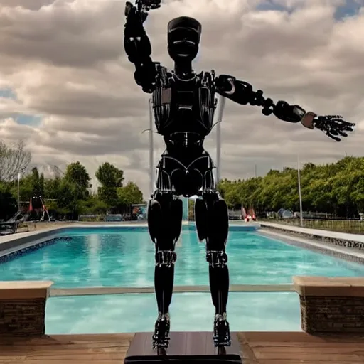 Image similar to a realistic detailed photo of a guy who is an attractive humanoid who is half robot and half humanoid, who is a male android, wrestler nick suriano, shiny skin, posing like a statue, blank stare, by the pool, on display, showing off his muscles, humanoid robot, frozen ice statue