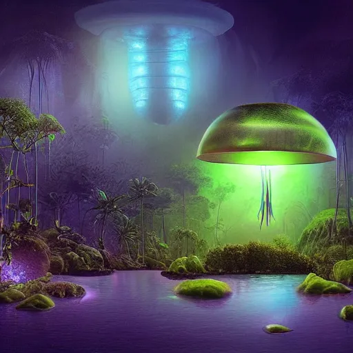 Image similar to floating luminescent jellyfish in an alien nocturnal jungle, matte painting, landscape, mysterious