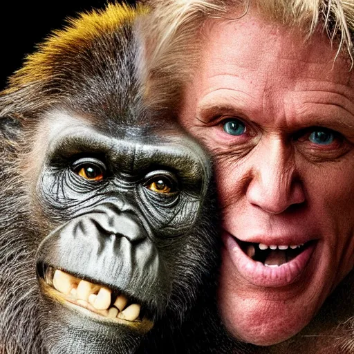 Image similar to stunning award winning hyperrealistic hdr 8 k highly detailed photo of garry busey fighting an ape