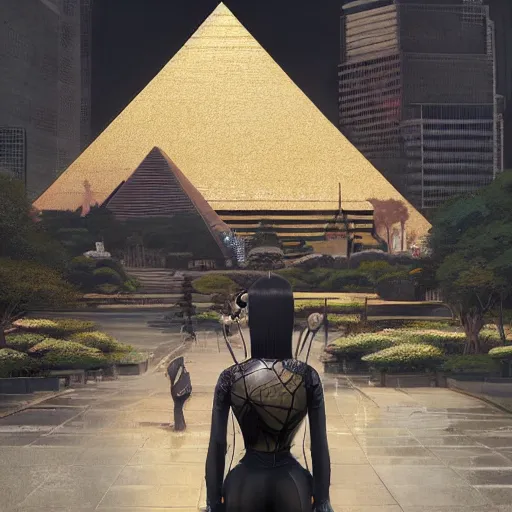 Image similar to mysterious metallic black pyramid in tokyo, reflective, by tom bagshaw and ilya kuvshinov, rtx rendering, octane render 1 2 8 k, maya, extreme high intricate details by wlop, digital anime art by ross tran, medium shot, composition by sana takeda, dramatic lighting by greg rutkowski