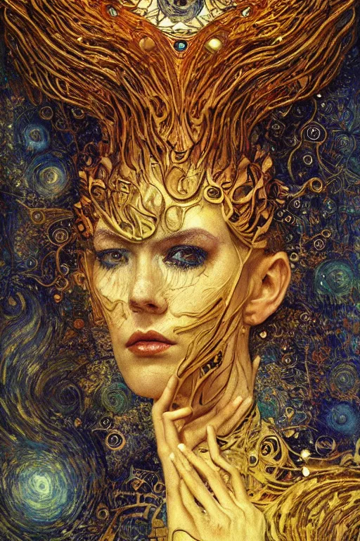 Image similar to Intermittent Chance of Chaos Muse by Karol Bak, Jean Deville, Gustav Klimt, and Vincent Van Gogh, beautiful surreal portrait, enigma, destiny, fate, inspiration, muse, otherworldly, fractal structures, arcane, ornate gilded medieval icon, third eye, spirals