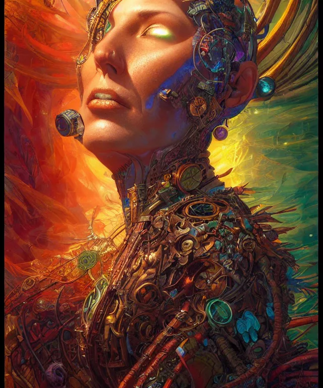 Image similar to a beautiful tarot card artwork of a cyberpunk nature shaman, backlit, highly detailed, digital painting, by karol bak and eddie mendoza and dan mumford and artgerm, vivid colors, masterpiece, detailed shading, 8 k resolution, intricate, smooth