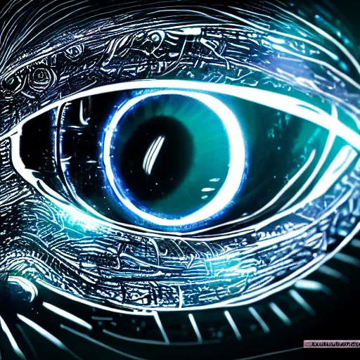 Image similar to cybernetic wolf eye, futuristic, cyberpunk, digital illustration, photo - realistic, macro, extremely detailed, vivid, neon, dramatic lighting, intricate details