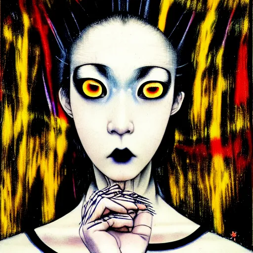 Image similar to yoshitaka amano blurred and dreamy realistic three quarter angle portrait of a young woman with black lipstick and black eyes wearing dress suit with tie, junji ito abstract patterns in the background, satoshi kon anime, noisy film grain effect, highly detailed, renaissance oil painting, weird portrait angle, blurred lost edges