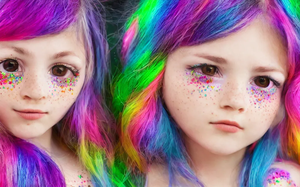 Prompt: a young girl with freckles and dark hair looks at the camera, she has sparkles and stickers on her face and big eyes, her hair is rainbow coloured and she has big dreams 3 d 8 k ultra detailed