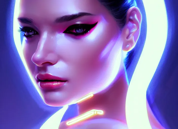 Image similar to portrait of female humanoid from 6 0 s era, intricate, elegant, cyber neon lights, highly detailed, digital painting, artstation, glamor pose, concept art, smooth, sharp focus, illustration, art by artgerm and greg rutkowski