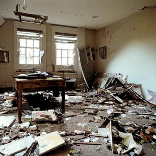 Image similar to The conceptual art shows a scene of total destruction. A room has been completely wrecked, with furniture overturned, belongings strewn about, and debris everywhere. The only thing left intact is a single photograph on the wall. This photograph is the only evidence of what the room once looked like. It shows a tidy, well-appointed space, with everything in its place. The contrast between the two images is stark, and it is clear that the destruction was complete and absolute. camouflage by Martin Deschambault imposing