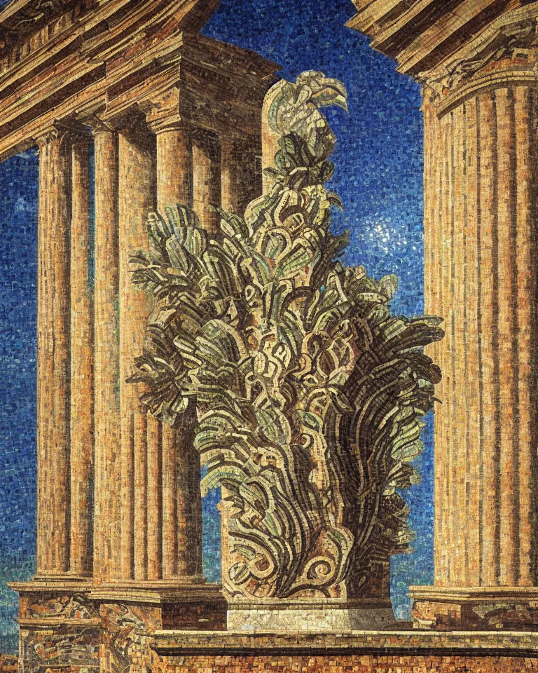 Prompt: achingly beautiful painting of intricate ancient roman corinthian capital on glowing mosaic background by rene magritte, monet, and turner. giovanni battista piranesi.