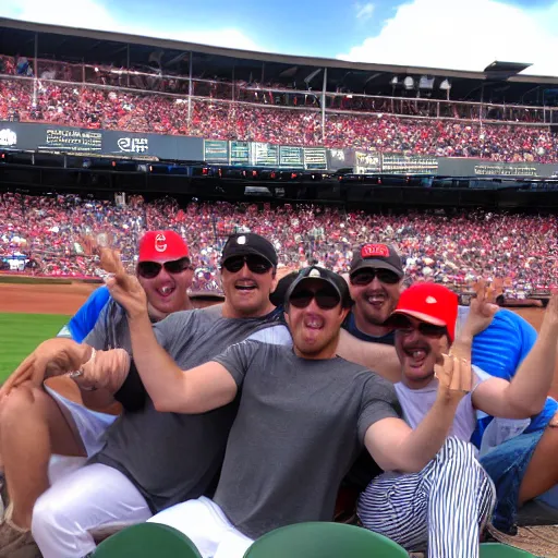Prompt: bachelor party at baseball game. photography. realistic. fun.