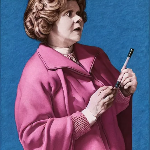 Image similar to the tardis and imelda staunton as dolores umbridge in pink clothes in the tardis, blue police box, highly detailed, artstation, concept art, smooth, sharp focus, illustration, perfect face, art by karl blossfeldt, willem claesz. heda, nikolay makovsky, jacek malczewski, arthur hughes