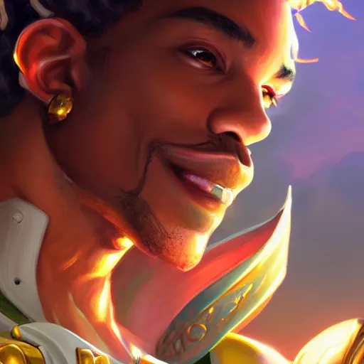 Image similar to closeup portrait of lucio from overwatch, d & d, fantasy, intricate, elegant, highly detailed, digital painting, artstation, concept art, matte, sharp focus, illustration, hearthstone, art by artgerm and greg rutkowski and alphonse mucha