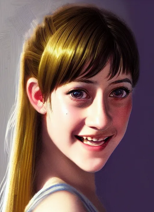 Image similar to portrait of teenage lili reinhart with bangs, smiling kindly, bangs, 1 9 6 0 s, ponytail, bangs and ponytail, intricate, elegant, glowing lights, highly detailed, digital painting, artstation, concept art, smooth, sharp focus, illustration, art by wlop, mars ravelo and greg rutkowski