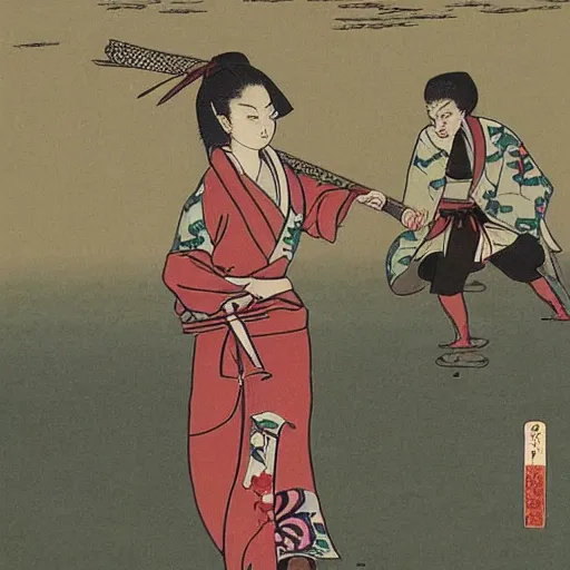 Image similar to Beautiful Japanese woman running from an old samurai on the beach Toshio Saeki, high detailed