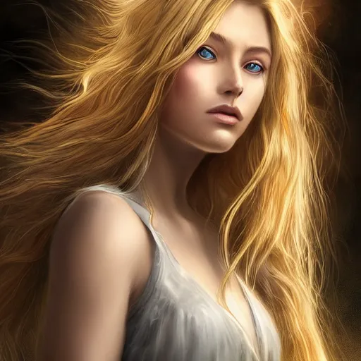 Image similar to A portrait of an attractive young female wind angel, beautiful long wild blond hair, clouds in the back, intricate, highly detailed, elegant, digital painting, trending on artstation