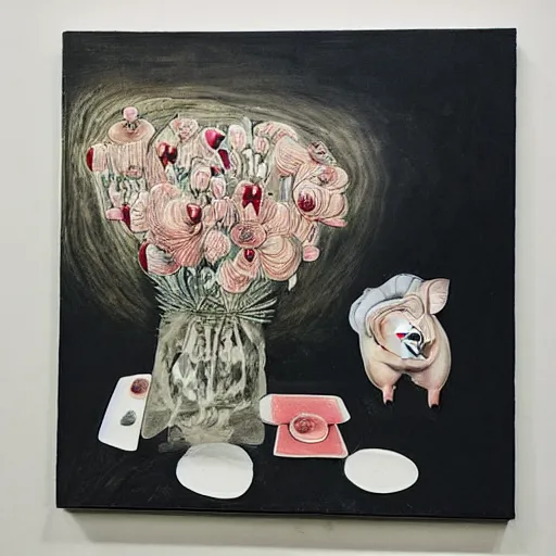 Image similar to “a portrait in an art student’s apartment, feminine pigs as flowers in an elaborate dramatic flower arrangement, pork, ikebana white flowers, white wax, squashed berries, acrylic and spray paint and oilstick on canvas, by munch and Dali”