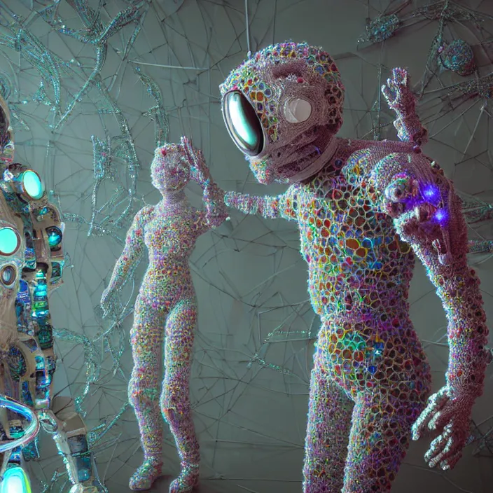 Image similar to a cybernetic symbiosis of a single astronaut mech-organic eva suit made of pearlescent wearing knitted shiny ceramic multi colored yarn thread infected with diamond 3d fractal lace iridescent bubble 3d skin dotted covered with orb stalks of insectoid compound eye camera lenses floats through the living room, film still from the movie directed by Denis Villeneuve with art direction by Salvador Dalí, wide lens,kevlar,carbon fiber,ceramics,gaseous materials,