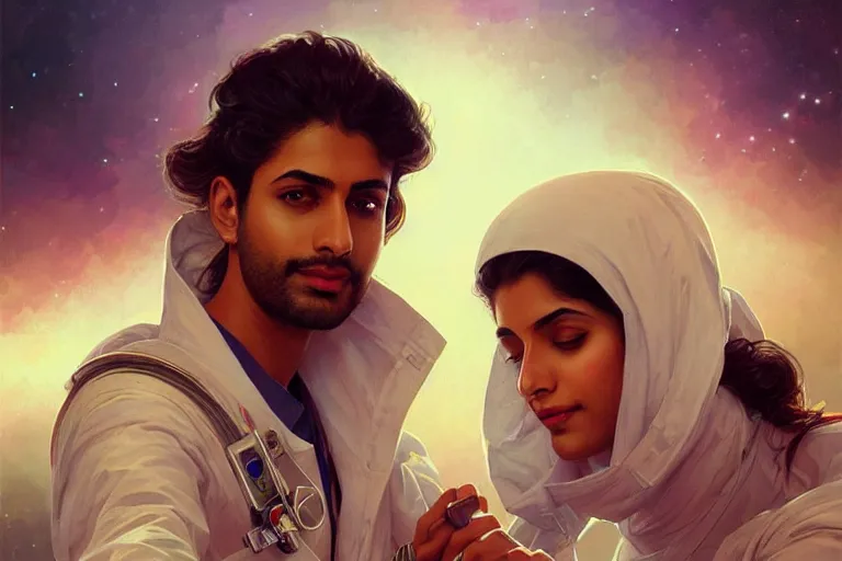 Image similar to Sensual good looking pale young Indian doctors wearing jeans in a space station above Earth, portrait, elegant, intricate, digital painting, artstation, concept art, smooth, sharp focus, illustration, art by artgerm and greg rutkowski and alphonse mucha