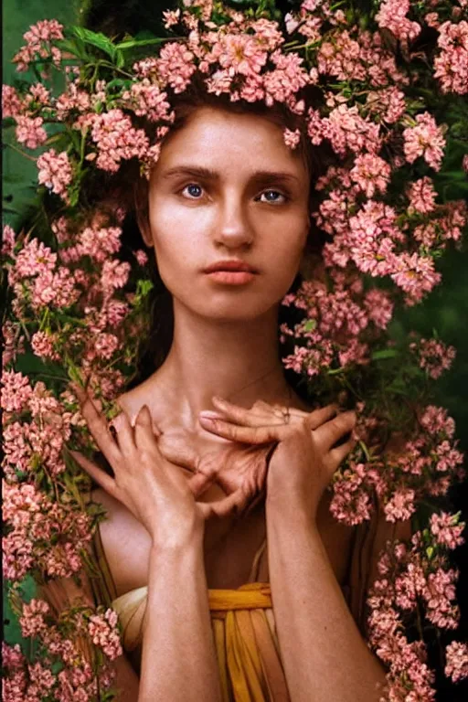 Prompt: very beautiful woman, beautiful face, ultradetailed, ethereal, flowers, gorgeous, volumetric lighting, art by steve mccurry