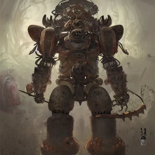 Image similar to portrait concept painting of a rampaging ashigaru mecha construct boar, destroying a small village fantasy painting, dungeons and dragons, magic the gathering art, of bamboo, laquer and steel, steampunk - inspired by brian froud and greg rutkowski and jessica rossier
