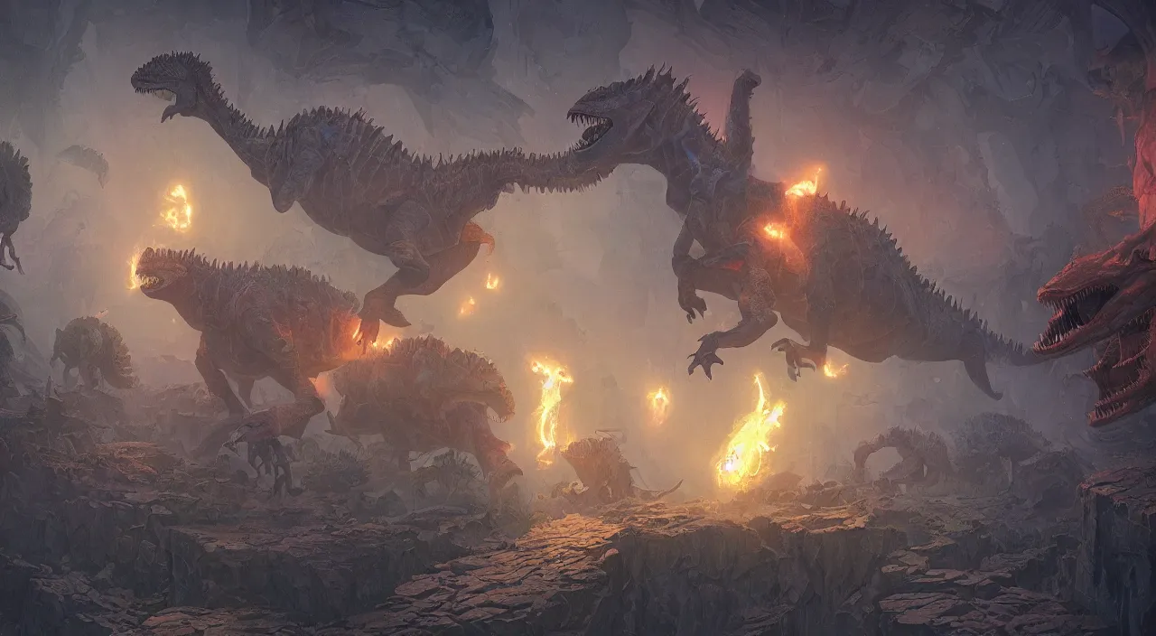 Image similar to technicolor dinosaurs, glowing with magic, surrounded by slate grey walls, insane details, dramatic lighting, fantasy art, concept art, greg rutkowski, james gurney, johannes voss, hasui kawase.