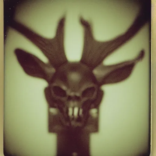 Prompt: a terrifying monster at the end of a hallway, dark!, creepy, deer skull, nightmare fuel!!!, unsettling, uncanny valley!, old polaroid, expired film,