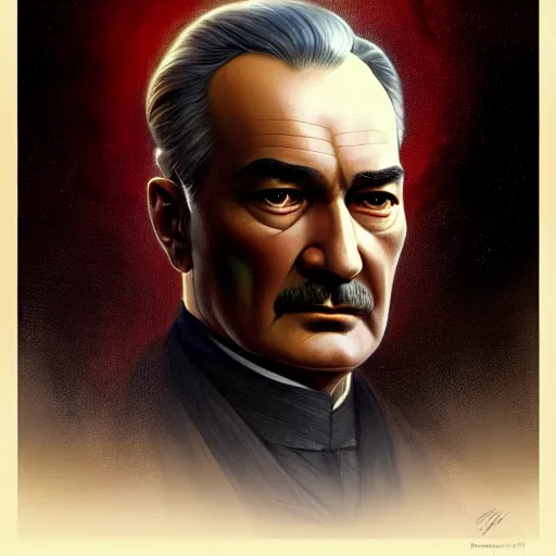 Image similar to Mustafa Kemal Atatürk as a fantasy magic man portrait, sci-fi, amber eyes, face, fantasy, intricate, elegant, highly detailed, digital painting, artstation, concept art, smooth, sharp focus, illustration, art by artgerm and greg rutkowski and alphonse mucha