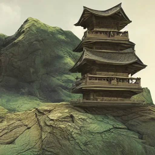 Prompt: stone pagoda in front of a mountain, concept art, hd